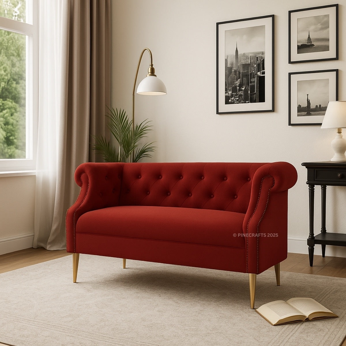 Red sofa in a living room with framed pictures on the wall and an open book on the floor.